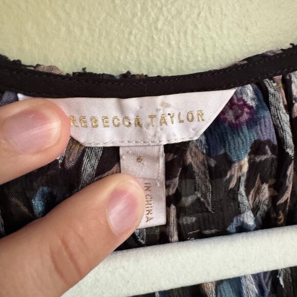 Rebecca Taylor Solstice Black Puff Sleeve Blouse Blue Floral Silk Cotton Blend - Picture 3 of 8